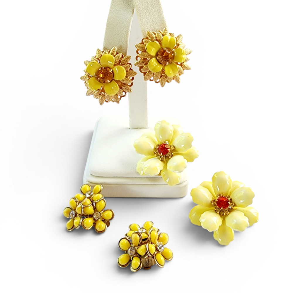 Vintage Yellow Flower Earrings Lot Enamel Clip On Floral Gold Tone Retro 3 Pairs